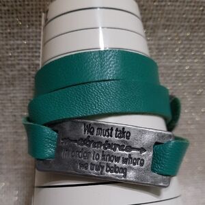 Teal Leather Wrap Bracelet with Antique Silver Inspiratiinal Quote Plate